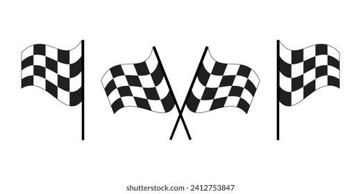 Set of waving race flags icons. Start and finish rally flags with checkered black and white squares pattern. Motocross, car competition, auto marathon, sport victory sybmols. Vector flat illustration