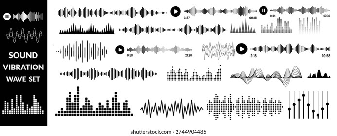 Set of waving, sound, vibration and pulsing lines. Graphic design elements for music app.Vector illustration