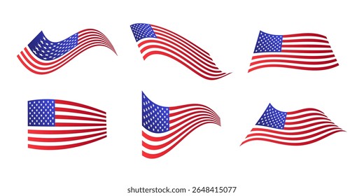 Set of waving USA flag design. American patriotic banner for Independence Day and events
