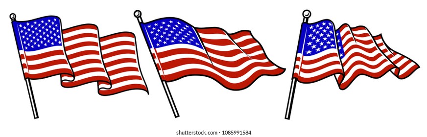 Set of waving USA flags. Vector illustration.