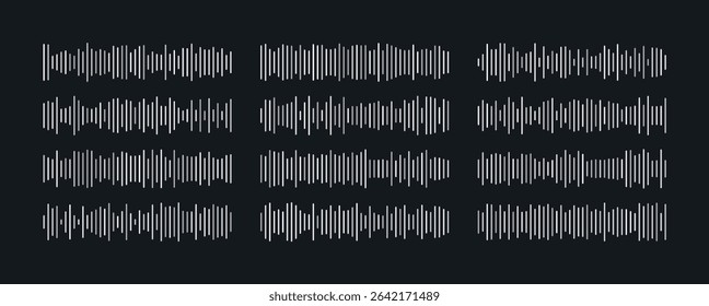 Set of waving, vibration and pulsing lines set. Song radio wave in silver color for music app. Isolated vector illustration. Media player interface decoration