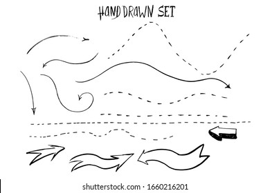 Set of wavy arrows and dashed lines. Hand-drawn with black outline and doodle design elements isolated on white. Vector collection of arrows and lines.