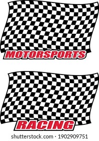 Set of wavy black and white racing and motorsports checkered flags illustration with red lettering in italics. Illustrator eps vector graphic design.