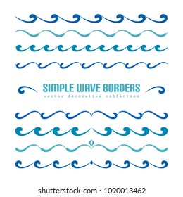 Set of wavy borders, divider lines with curly pattern, simple nautical ornaments and flourish vignettes, swirly vector embellishment on white