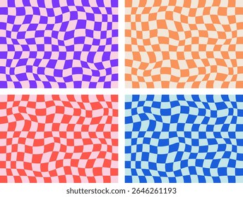 Set of wavy checkerboard seamless patterns. Collection of retro groovy backgrounds with a distorted psychedelic grid-Vintage 70s style vector print