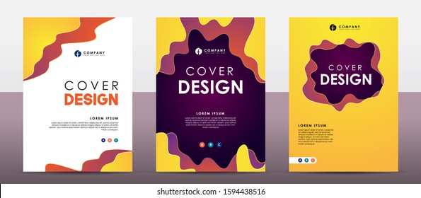 Set of wavy cover design template. Purple and orange color shape composition.