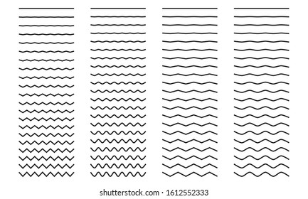 Set of wavy curved and zig zag criss cross horizontal lines on white background. Vector illustration.