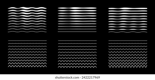 Set of wavy curves and zigzag intersecting horizontal strokes. Transition from a straight line to a wavy one. White wiggle lines. Geometric design elements for your projects. Vector illustration.