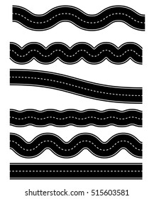 Set of wavy, curvy road elements with dashed lines (Straight version is repeatable)