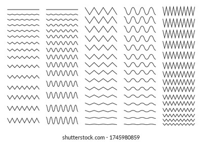 Set of wavy, curvy and zigzag - criss cross horizontal lines. Collection of different thin line wide and narrow wavy line. Vector illustration. EPS 10
