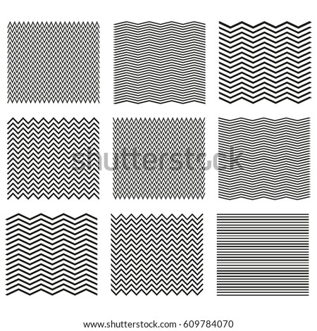 Set of wavy - curvy and zigzag - criss cross horizontal lines. Outline wavy or zigzags.