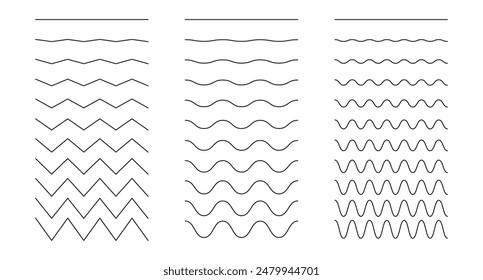 Set of wavy, curvy, zigzag lines. Simple undulate borders, transverse horizontal line. Sine, fluid, air, wind signs. Water, river, lake, sea ocean symbol. Outline graphic illustration.