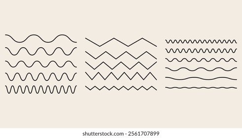 set of Wavy, curvy, zigzag lines. Simple undulate borders, transverse horizontal lines. Sine, fluid, air, wind sign. Water, river, lake, sea, ocean symbol. Outline graphic isolated 