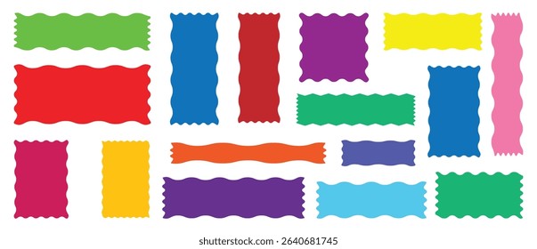 Set of wavy edge frame. Rectangle, square and oval shape frame with zigzag edge. Set of Zigzag and colorful Shapes. Zig Zag Shapes for Stickers, banners. Colorful zigzag shapes.