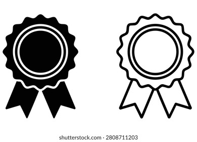 Set of wavy edge rosette award medals with ribbons illustrated in solid black and linear outline for versatile usage.