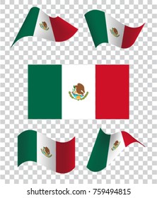 Set of wavy flags of Mexico. Icon on a transparent background. Vector illustration