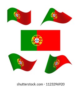 Set of wavy flags of Portugal.  Icon on white background. Isolated Vector Illustration


