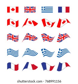 Set of wavy flags. Symbols and icons of Canada, Great Britain, Greece and France. Isolated Vector Illustration.
