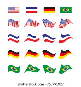 Set of wavy flags. Symbols and icons of America, Russia, Germany and Brazil. Isolated Vector Illustration.
