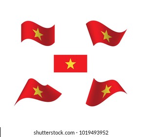 Set of wavy flags of Vietnam.  Icon on white background. Isolated Vector Illustration
