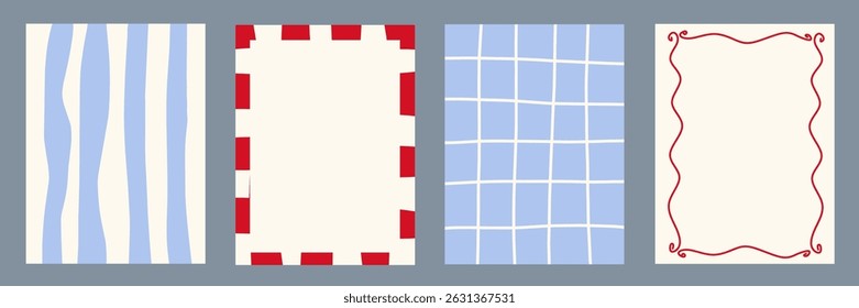 Set of wavy frames. Doodle wave edge borders. Retro Dolce Vita curved shapes, rectangular, oval, circular elements, frame, forms. Abstract vintage geometric posters. Whimsical summer vector pattern.