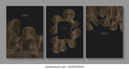Set or wavy golden templates. Luxury vertical banner with wave pattern. Flowing liquid texture. Bronze curves. Abstract geometric dynamical rippled surface. Black background with gold lines
