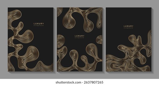 Set or wavy golden templates. Luxury vertical banner with wave pattern. Flowing liquid texture. Bronze curves. Abstract geometric dynamical rippled surface with drops. Black background with gold lines