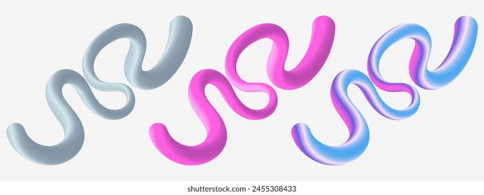 Set of wavy gradient abstract 3d lines, liquid flowing pink blue shapes