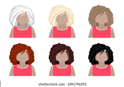 set wavy hair of medium length of different shades, ash blonde, blonde, brown, red, brown, black. Pattern without a face