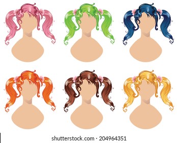 Set of wavy hair style in different colors.