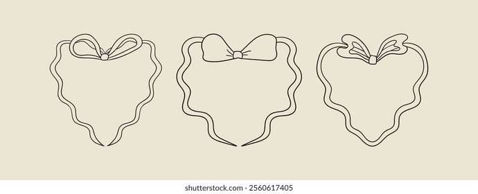 Set of wavy heart shaped hand drawn frames with bows. Vector outline illustration in retro coquette aesthetic