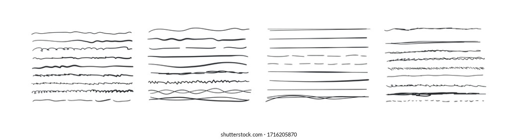 Set of wavy horizontal lines. Set of art brushes for pen. Marker hand-drawn line border set and scribble design elements. Hand drawn grunge brush strokes. Vector illustration, EPS 10.