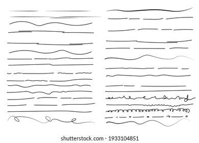 Set of wavy horizontal lines. Set of art brushes for pen. Marker hand-drawn line border set and scribble design elements. Hand drawn grunge brush strokes. Vector illustration, EPS 10.