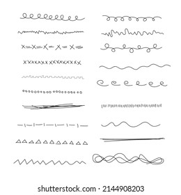 Set of wavy horizontal lines. Set of art brushes for pen. Marker hand-drawn line border set and scribble design elements. Hand drawn grunge brush strokes. Vector illustration, EPS 10.