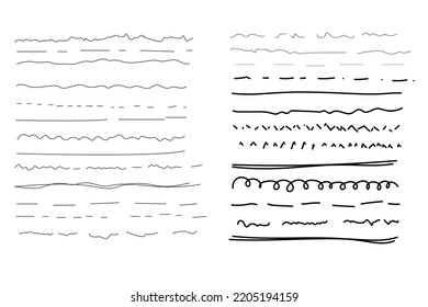 Conjunto de líneas horizontales onduladas. Conjunto de pinceles de arte para la pluma. Conjunto de borde de línea dibujado a mano con marcador y elementos de diseño de garrapatas. Pulsaciones de pincel grunge dibujadas a mano. Ilustración del vector, EPS 10.