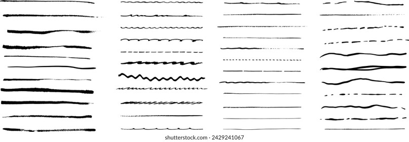 Conjunto de líneas horizontales onduladas. Conjunto de pinceles de pluma artística.Doodles, pinceles de tinta.