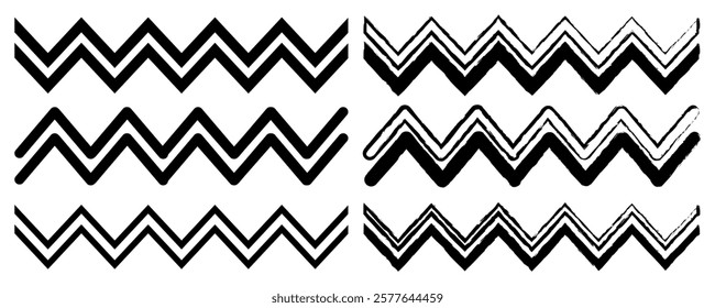 Set of wavy horizontal lines, wavy curve zig zag line pattern in abstract style. Black grunge ink brush strokes on white background. Black bold grunge wavy lines. Abstract zigzag textured brush wave 