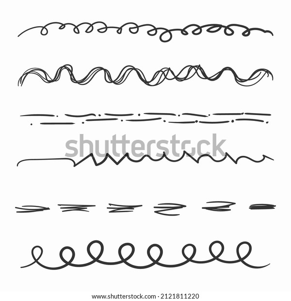 Set of wavy horizontal lines doodle on white background.\
Line hand drawn paint brush stroke. Scribble strokes and design\
elements. Collection of artistic pen brushes. Vector illustration.\
