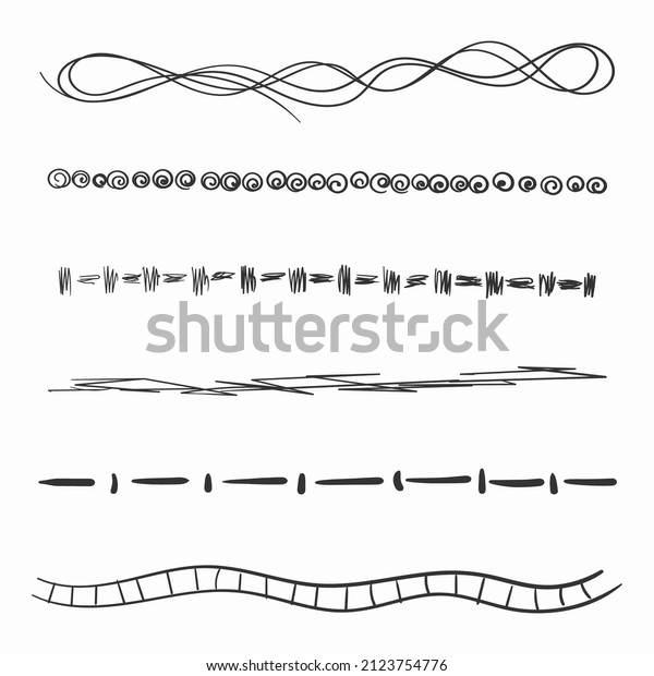 Set of wavy horizontal lines doodle on white background.\
Line hand drawn paint brush stroke. Scribble strokes and design\
elements. Collection of artistic pen brushes. Vector illustration.\
