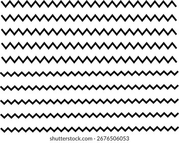 Conjunto de linhas horizontais onduladas, traçado de pincel de tinta desenhado, rabiscos curvos horizontais, Isolado no plano de fundo branco,
