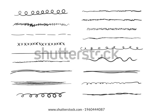 Set of wavy\
horizontal lines. Hand drawn grunge brush strokes. Marker\
hand-drawn line border set and scribble design elements. Set of art\
brushes for pen. Vector illustration, EPS\
10.