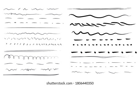 Set of wavy horizontal lines. Marker hand-drawn line border set and scribble design elements.  Black marker and grunge brush stroke lines