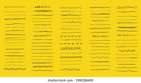 Set of wavy horizontal lines. Marker hand-drawn line border set and scribble design elements. Set of art brushes for pen. Hand drawn grunge brush strokes. Vector illustration, EPS 10.