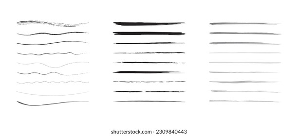 Set of wavy horizontal lines. Set of marker hand drawn line borders and doodle design elements. Hand drawn paint brush strokes lines. Vector isolated on white.