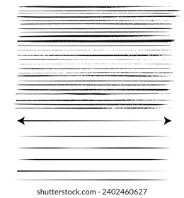 Set of wavy horizontal lines. Marker hand-drawn line border set and scribble design elements. Lines hand drawn paint brush stroke. Vector set isolated on white. Hand drawn scribble.Black ink abstract
