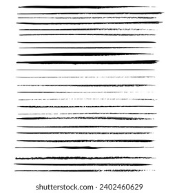 Set of wavy horizontal lines. Marker hand-drawn line border set and scribble design elements. Lines hand drawn paint brush stroke. Vector set isolated on white. Hand drawn scribble.Black ink backgroun