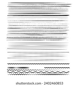 Conjunto de líneas horizontales onduladas. Conjunto de borde de línea dibujado a mano con marcador y elementos de diseño de garrapatas. Líneas de pincel dibujado a mano. Vector aislado en blanco. Guión dibujado a mano.Curva de tinta negra