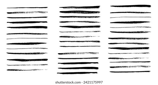 Set of wavy horizontal lines. Marker hand-drawn line border set and scribble design elements. Lines hand drawn paint brush stroke. Vector set isolated on white. Hand drawn scribble.Black ink brush art