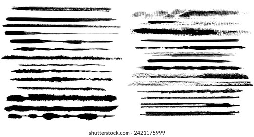Set of wavy horizontal lines. Marker hand-drawn line border set and scribble design elements. Lines hand drawn paint brush stroke. Vector set isolated on white. Hand drawn scribble.Black ink arts line