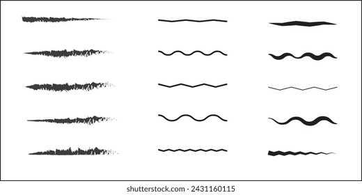 Conjunto de líneas horizontales onduladas. Conjunto de bordes de línea dibujados a mano de marcador y elementos de diseño de garabatos. Líneas dibujadas a mano pincel trazo. Conjunto de vectores aislado en blanco. Dibujado a mano garabato.Línea de artes de tinta negra